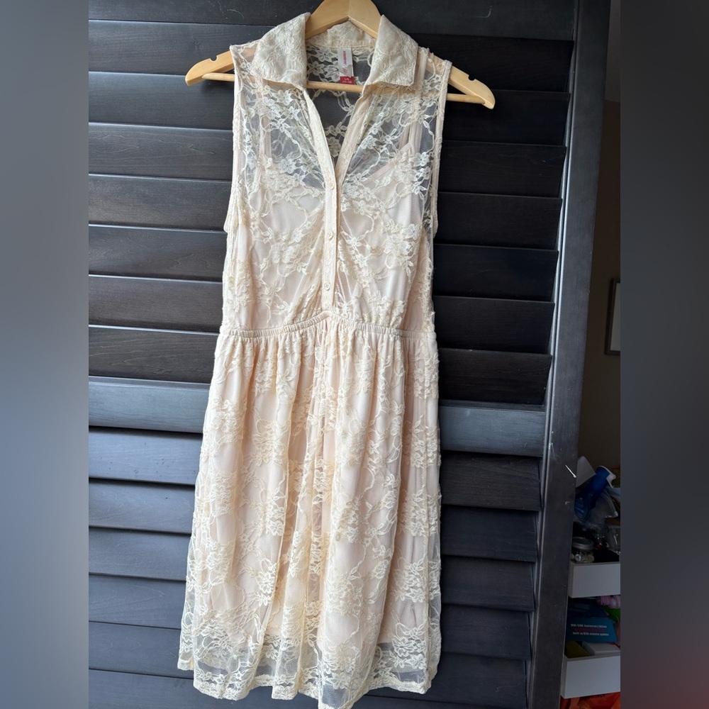 No Boundries Junior Large Cream Lacy Sleeveless Dress Elastic Waiste CottageCore